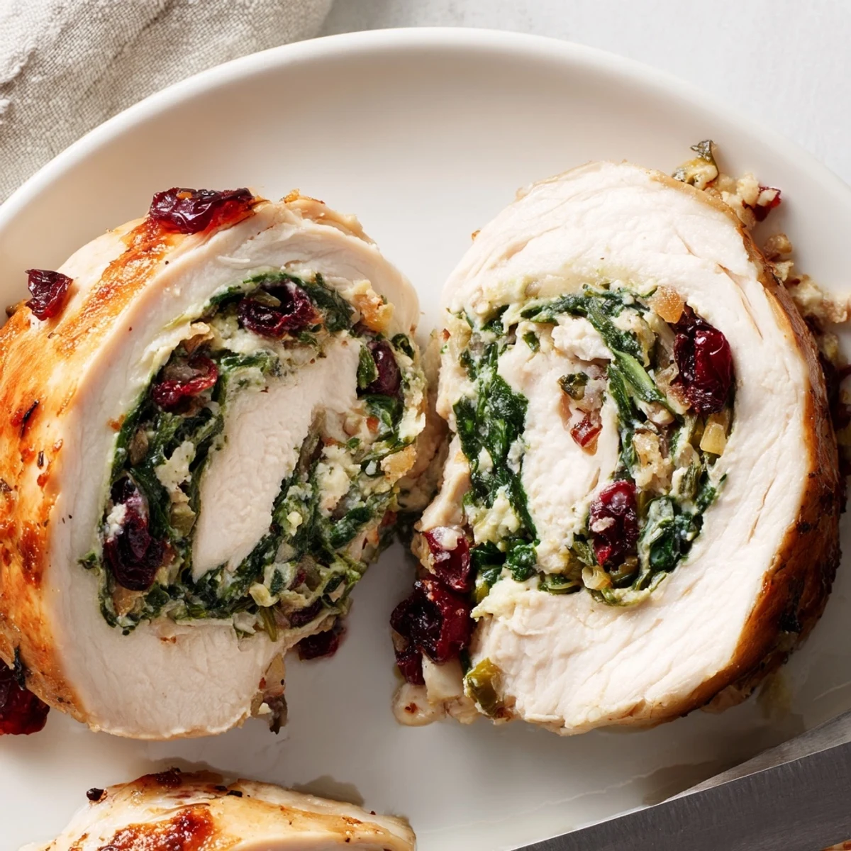 Sliced Cranberry Spinach Stuffed Chicken Breasts revealing tart cranberries and wilted spinach