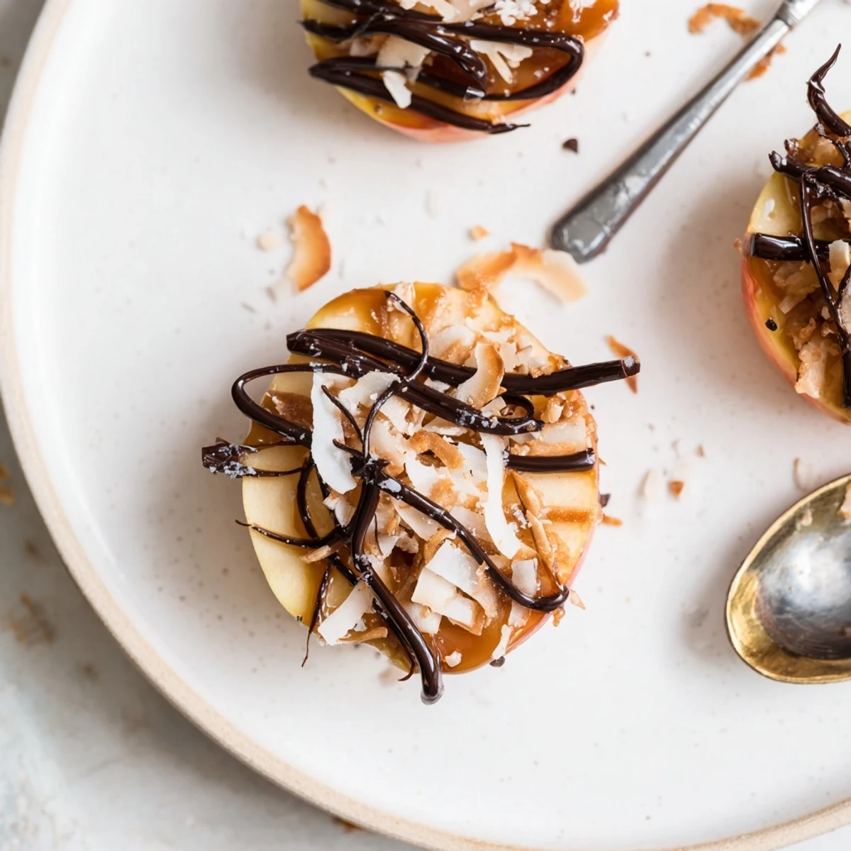 Samoa Apple Slices arranged on a tray, glossy caramel, fragrant coconut  