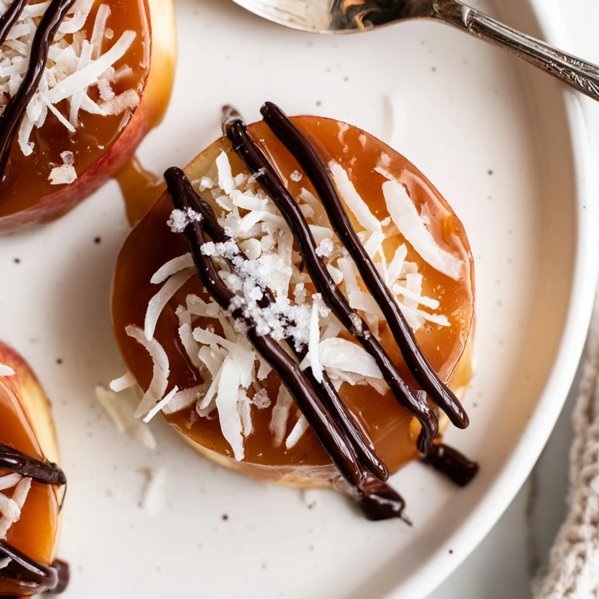 Warm chocolate-drizzled Samoa Apple Slices topped with toasted coconut and flaky sea salt
