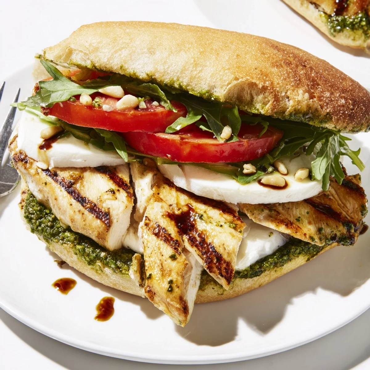 Warm Grilled Chicken Pesto Sandwich layered with basil pesto, oozy mozzarella, tomato