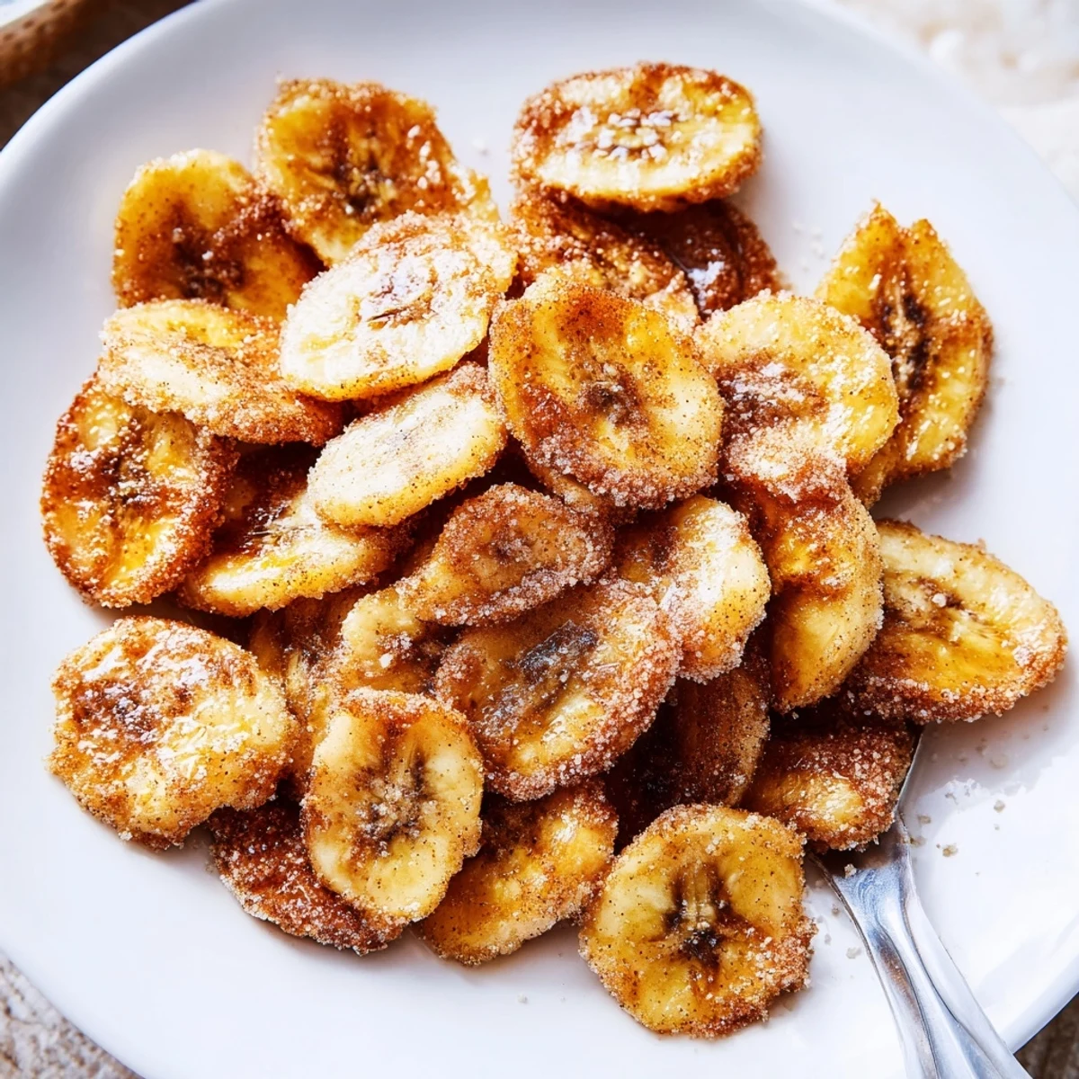 Handful of Crispy Cinnamon Sugar Air Fryer Banana Chips beside yogurt dip.