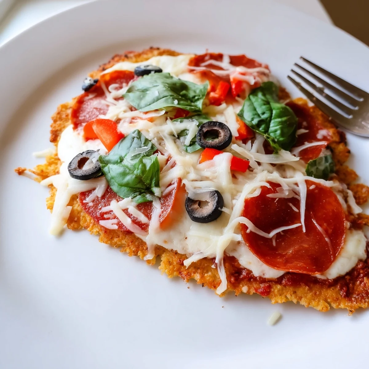 Freshly baked Keto Pizza With Crispy Low Carb Crust on parchment, steam rising