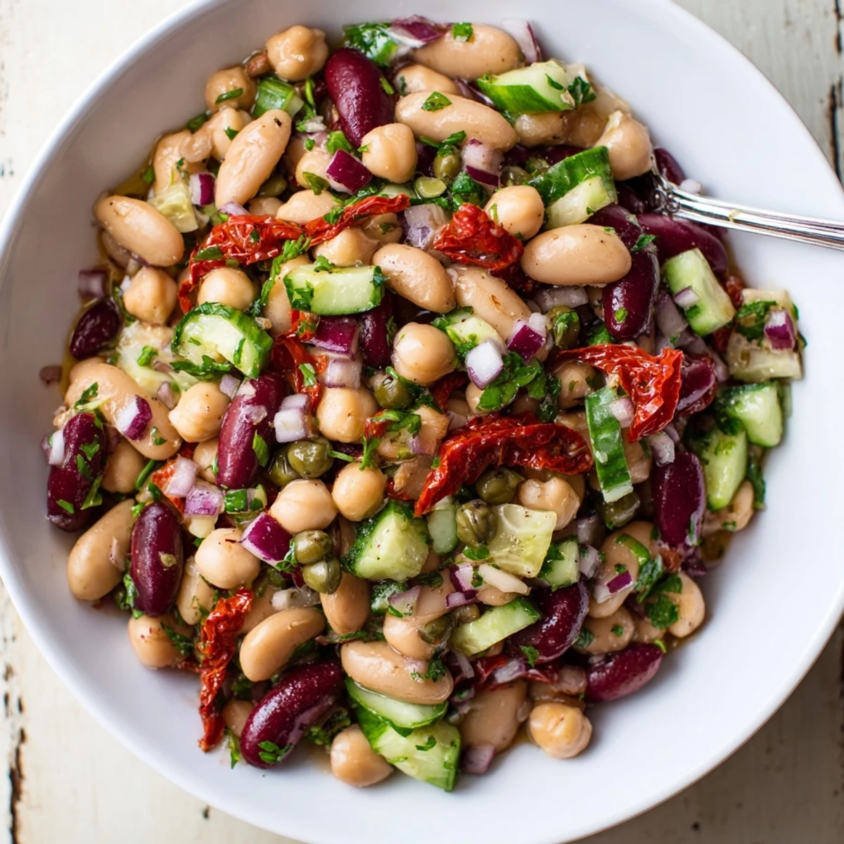 Bright Dense Bean Salad With Sun Dried Tomatoes tossed with herb vinaigrette