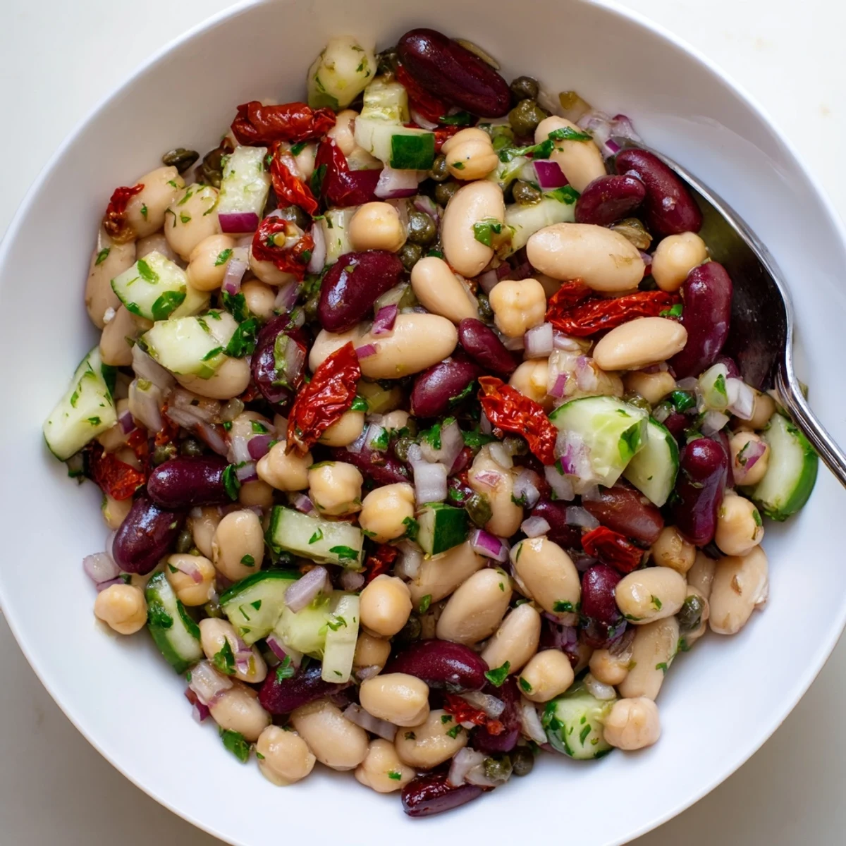 Colorful Dense Bean Salad With Sun Dried Tomatoes offers tangy, chewy, hearty bite