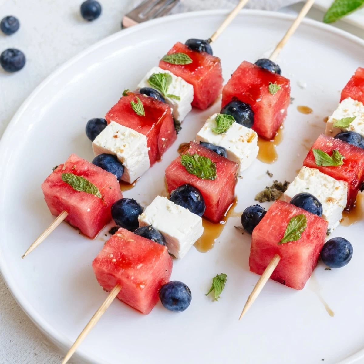 Patriotic Watermelon Feta Skewers arranged on platter, chilled, juicy watermelon and tangy feta