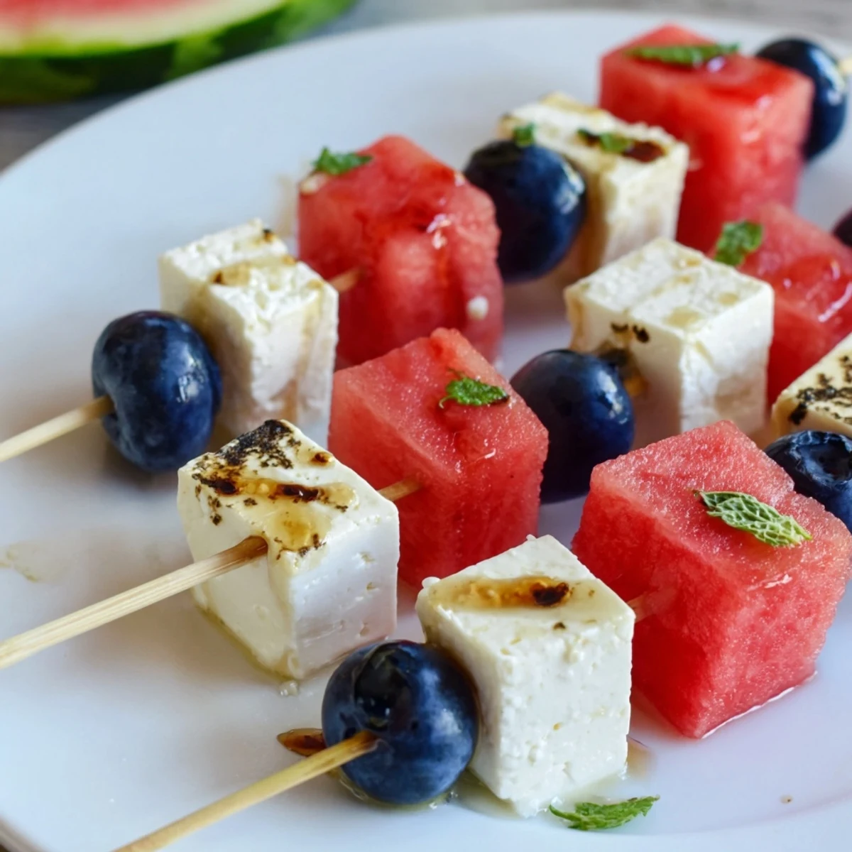 Handheld Patriotic Watermelon Feta Skewers perfect for summer parties, cold and refreshing