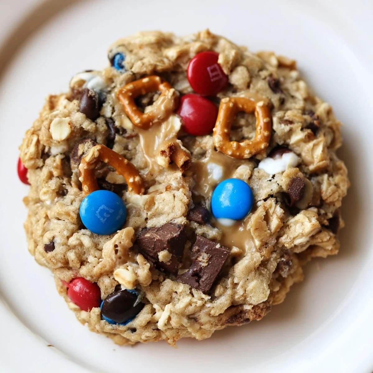Warm Patriotic Monster Cookies cooling on a rack, chewy oats and colorful candies