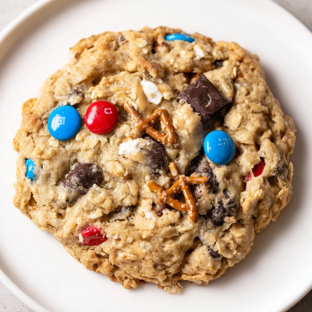 Plate of Patriotic Monster Cookies studded with chocolate chips and crushed pretzels