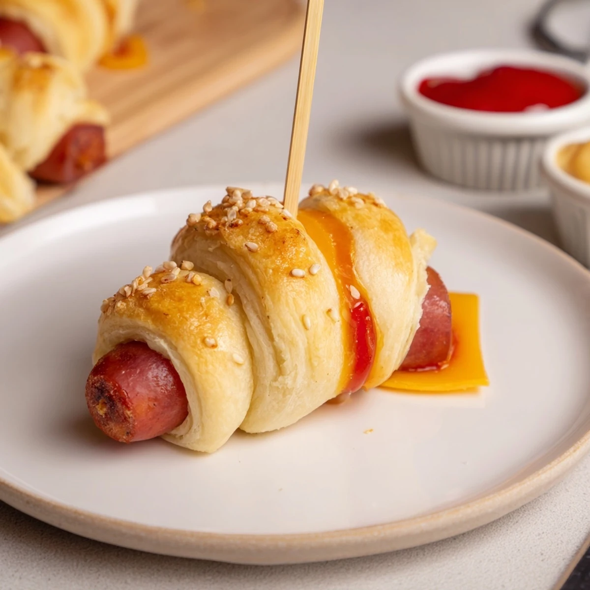 Close up of Firecracker Hot Dogs brushed with butter, sesame seeds, ready to serve