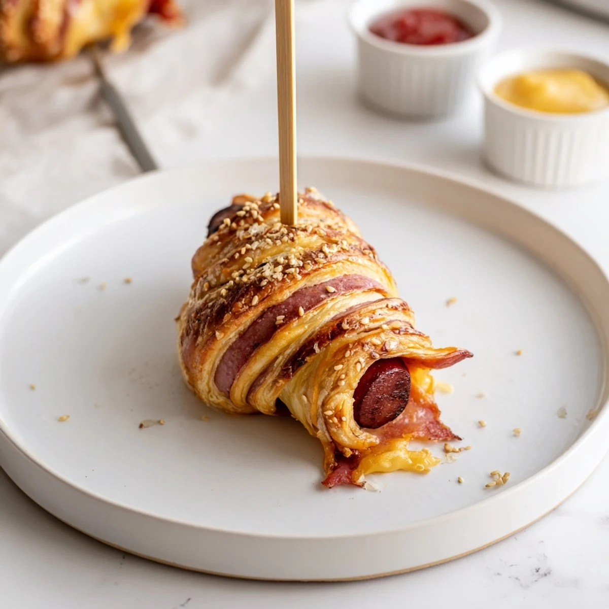 Golden baked Firecracker Hot Dogs on parchment, buttery spiral crust and skewers