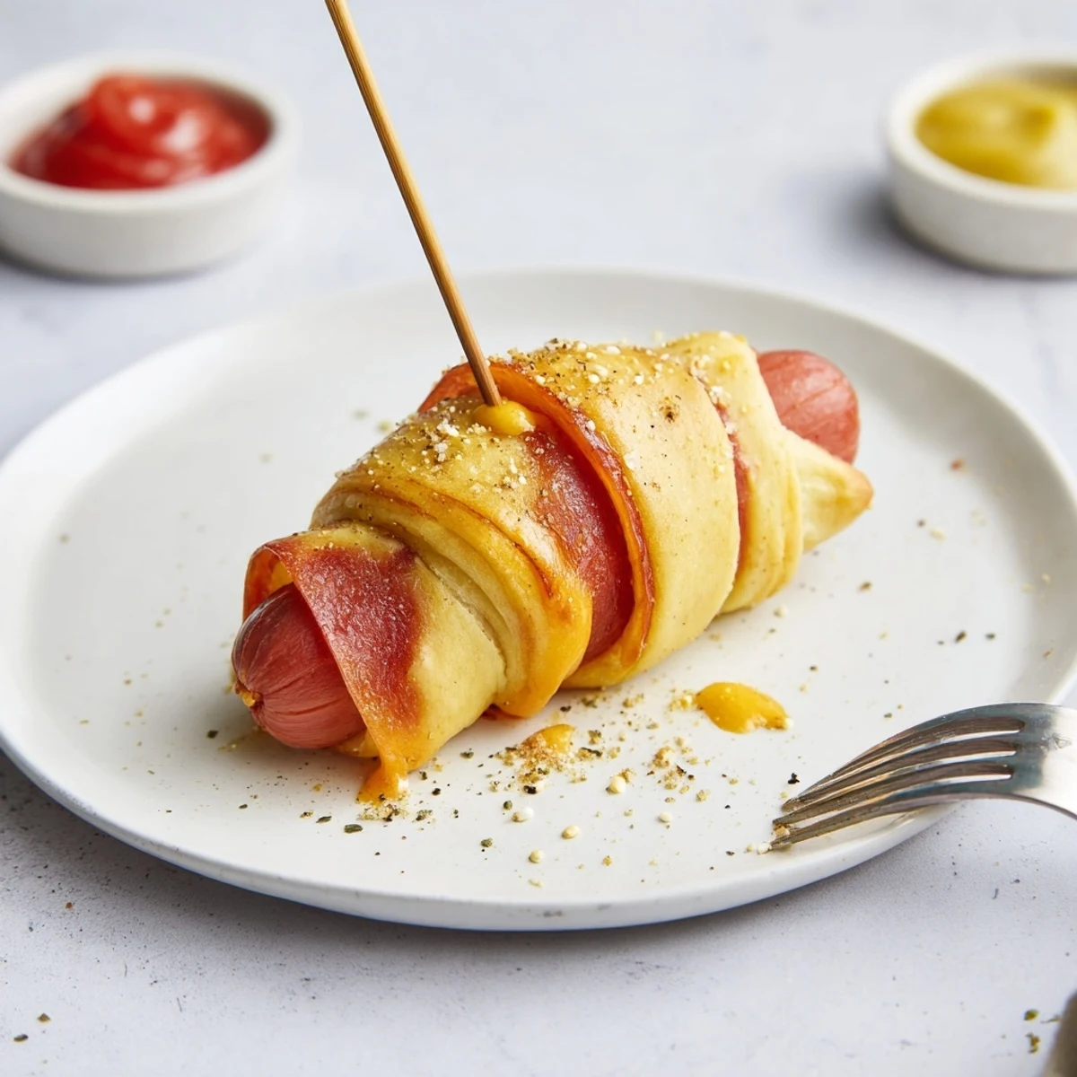 Kid friendly Firecracker Hot Dogs served warm with ketchup, mustard and potato salad