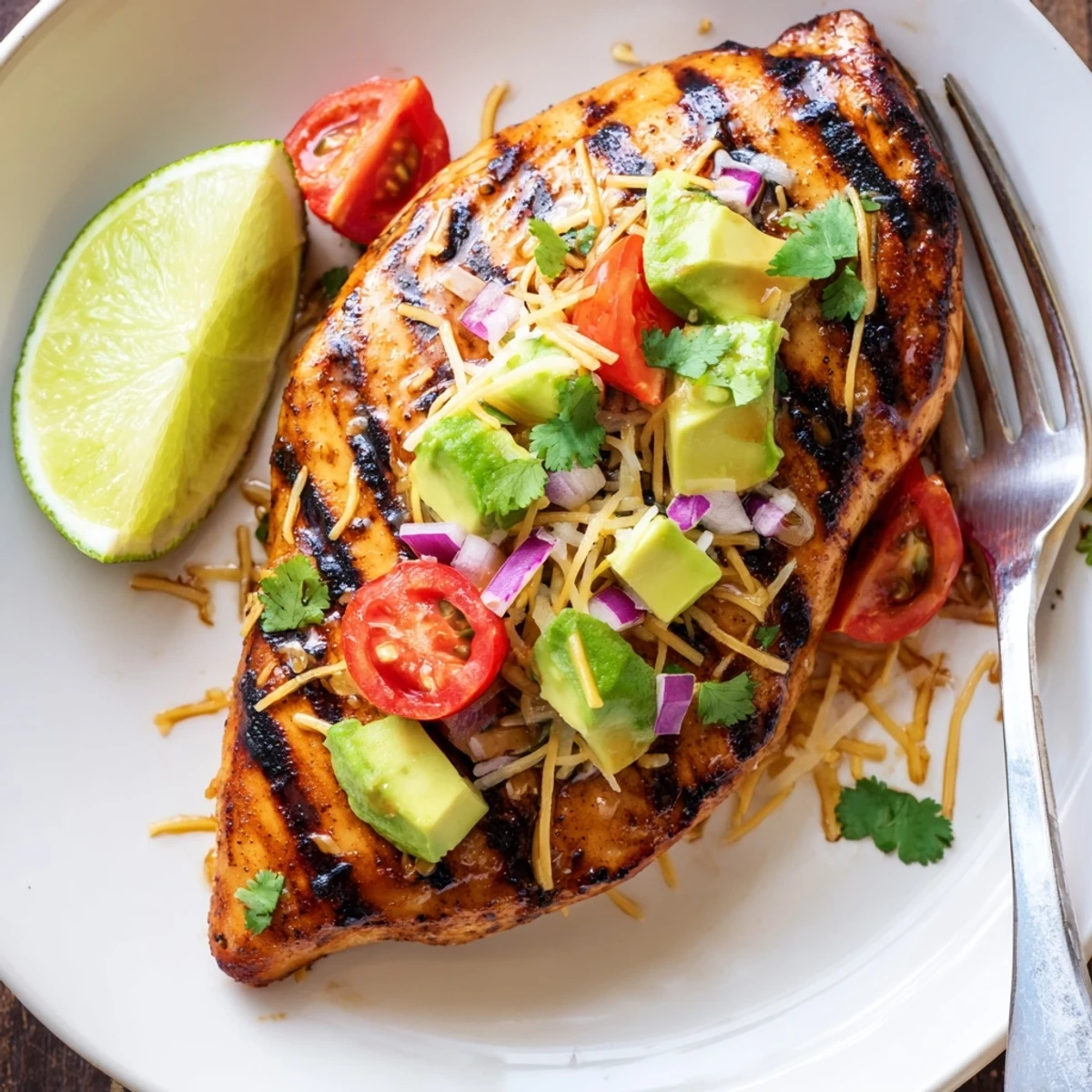 Grilled Fiesta Lime Chicken With Avocado topped with zesty tomato and cilantro salsa
