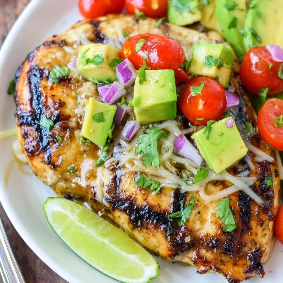 Juicy, charred Fiesta Lime Chicken With Avocado served over cilantro rice