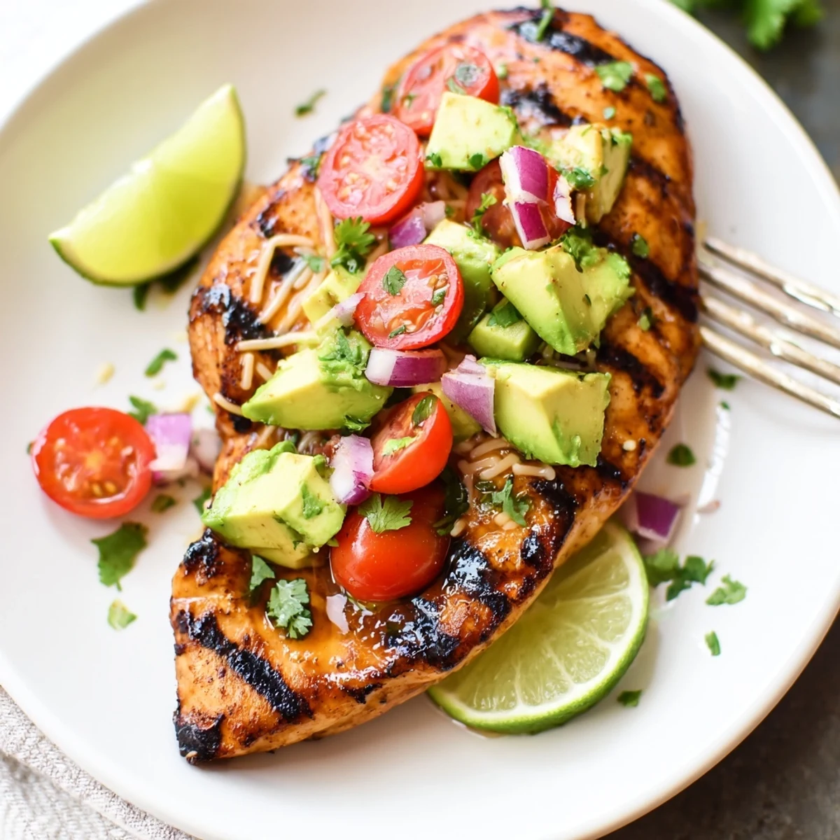 Citrusy Fiesta Lime Chicken With Avocado garnished with lime wedges and cilantro