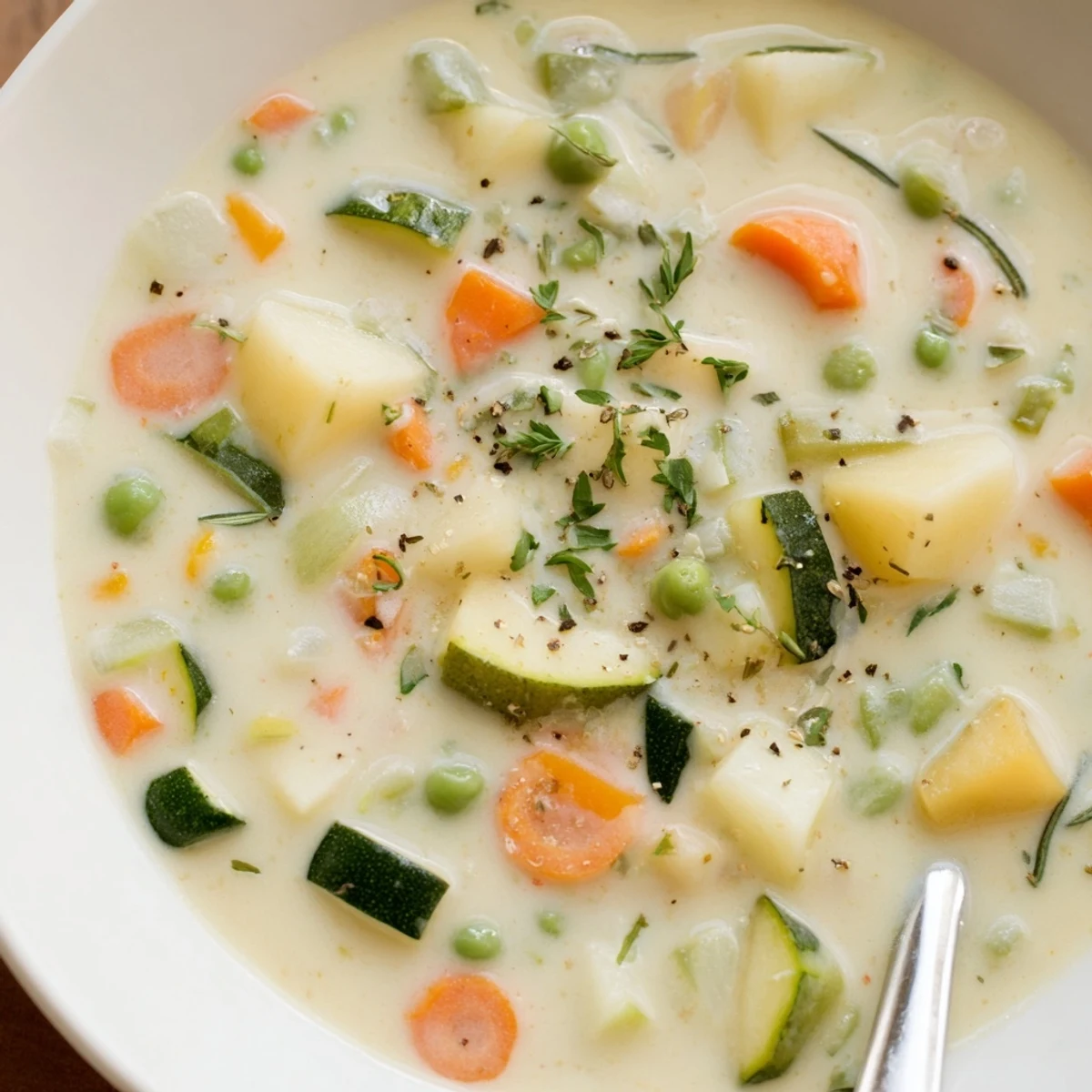 Creamy Vegetable Soup Recipe steaming in bowl, silky spoonful, warm herb aroma.
