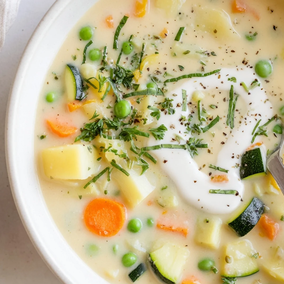 Warm, hearty bowl topped with parsley, classic Creamy Vegetable Soup Recipe.