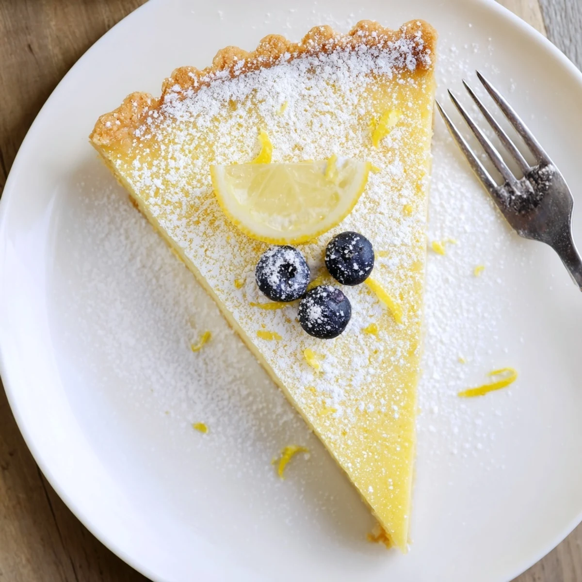 Bite of Creamy Lemon Tart Recipe served with fresh berries and bright zest