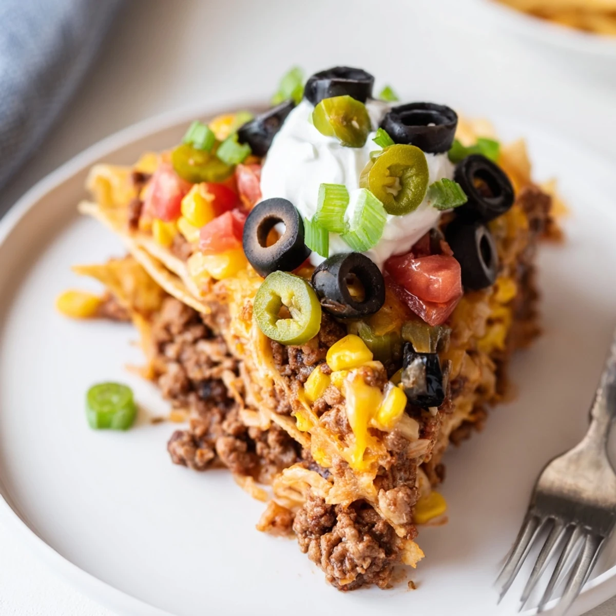 Cheesy Nacho Casserole bubbling golden with gooey cheese and crunchy tortilla chip layers