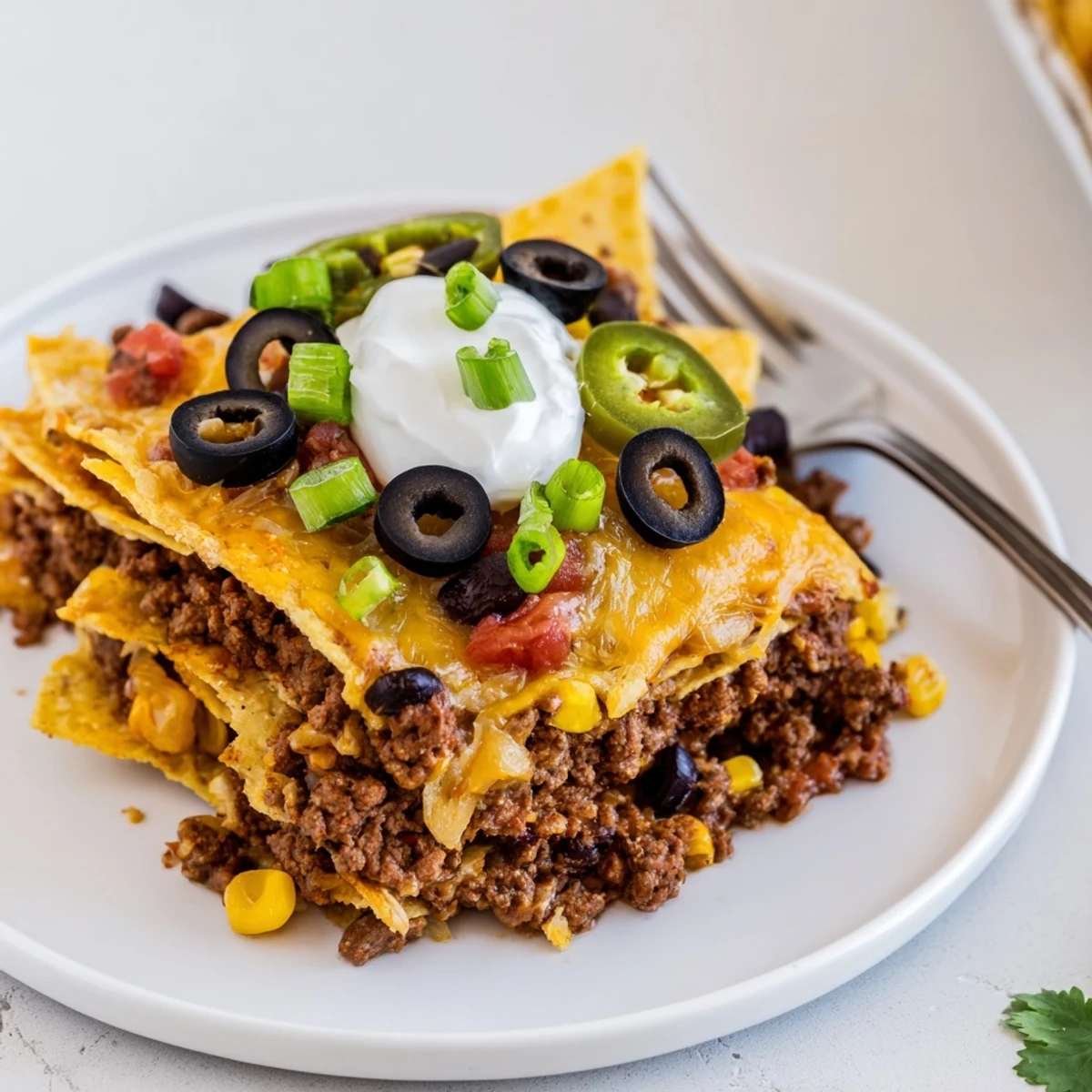 Cheesy Nacho Casserole ready for game night, stacked with beef, beans, spicy jalapeños