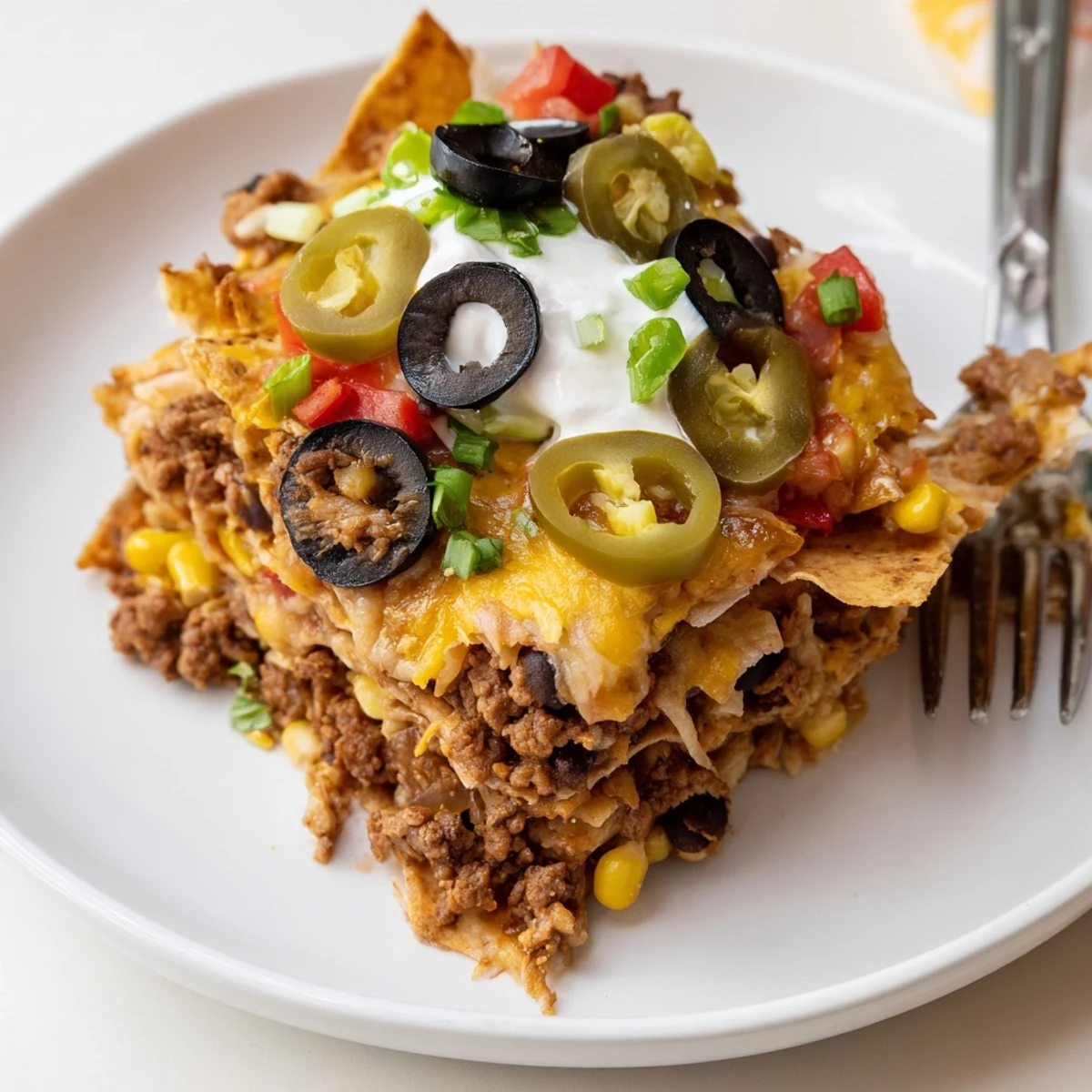 Slice of Cheesy Nacho Casserole steaming, topped with sour cream and cilantro