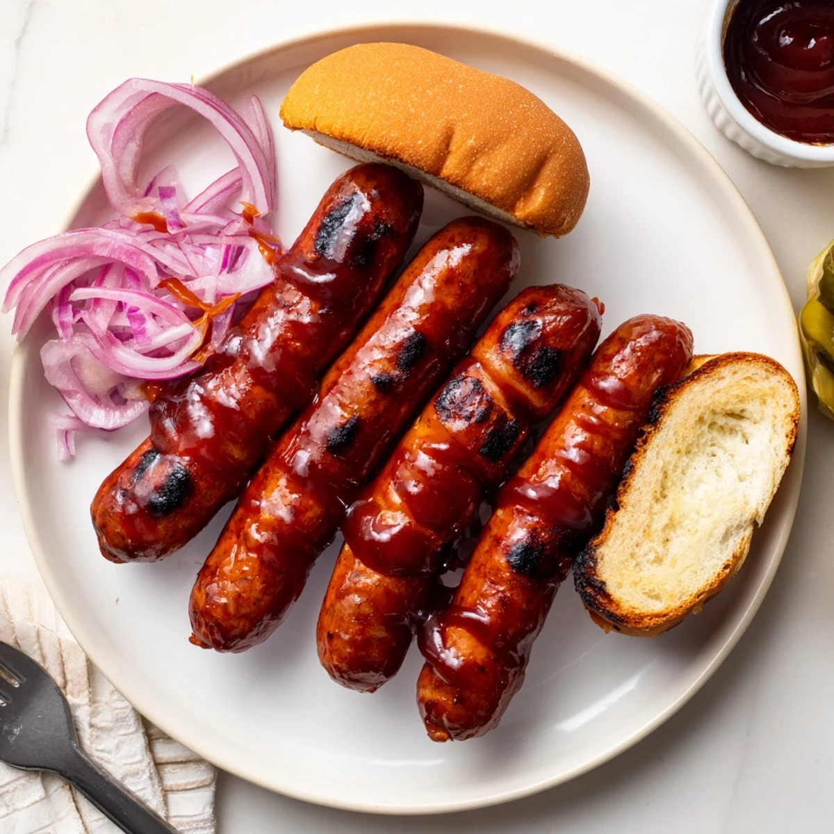Grilled BBQ Sausage Recipe served in toasted buns with crunchy pickles.