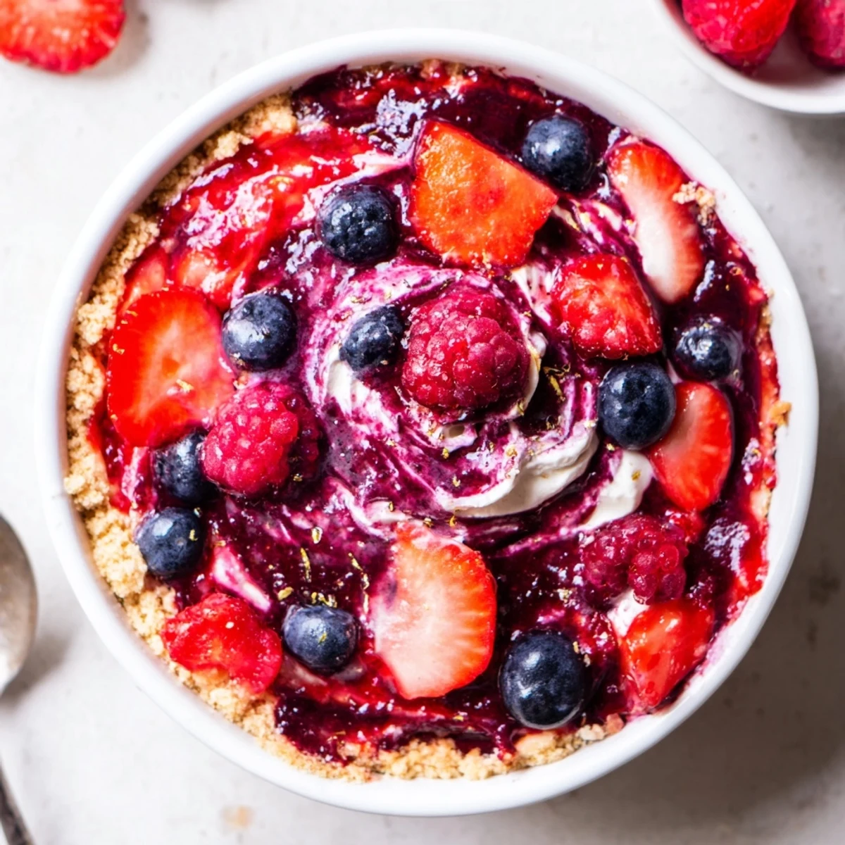 Berry No Bake Cheesecakes with glossy berry compote and crumbly graham crust