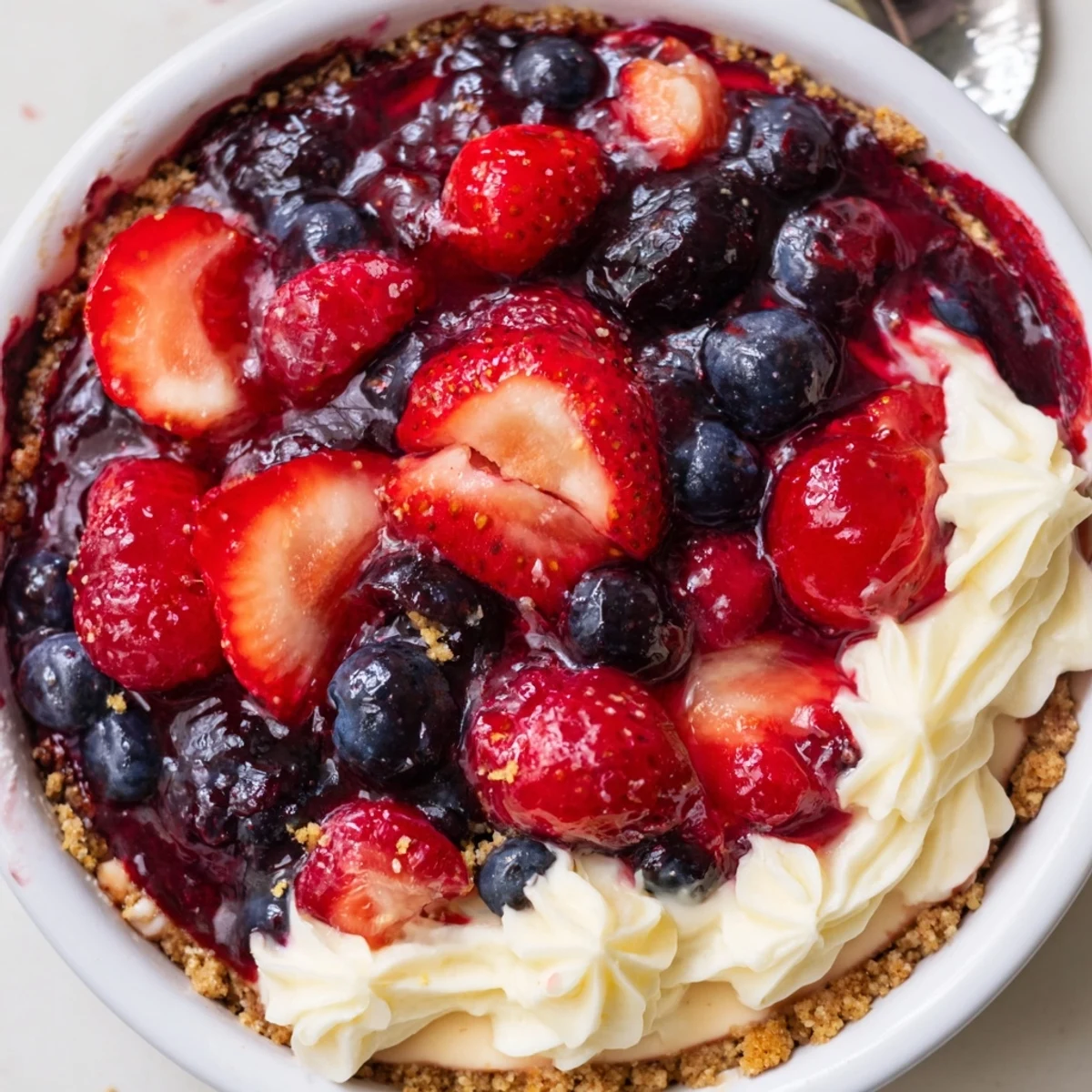 Individual Berry No Bake Cheesecakes in glasses, creamy layers and crunchy base