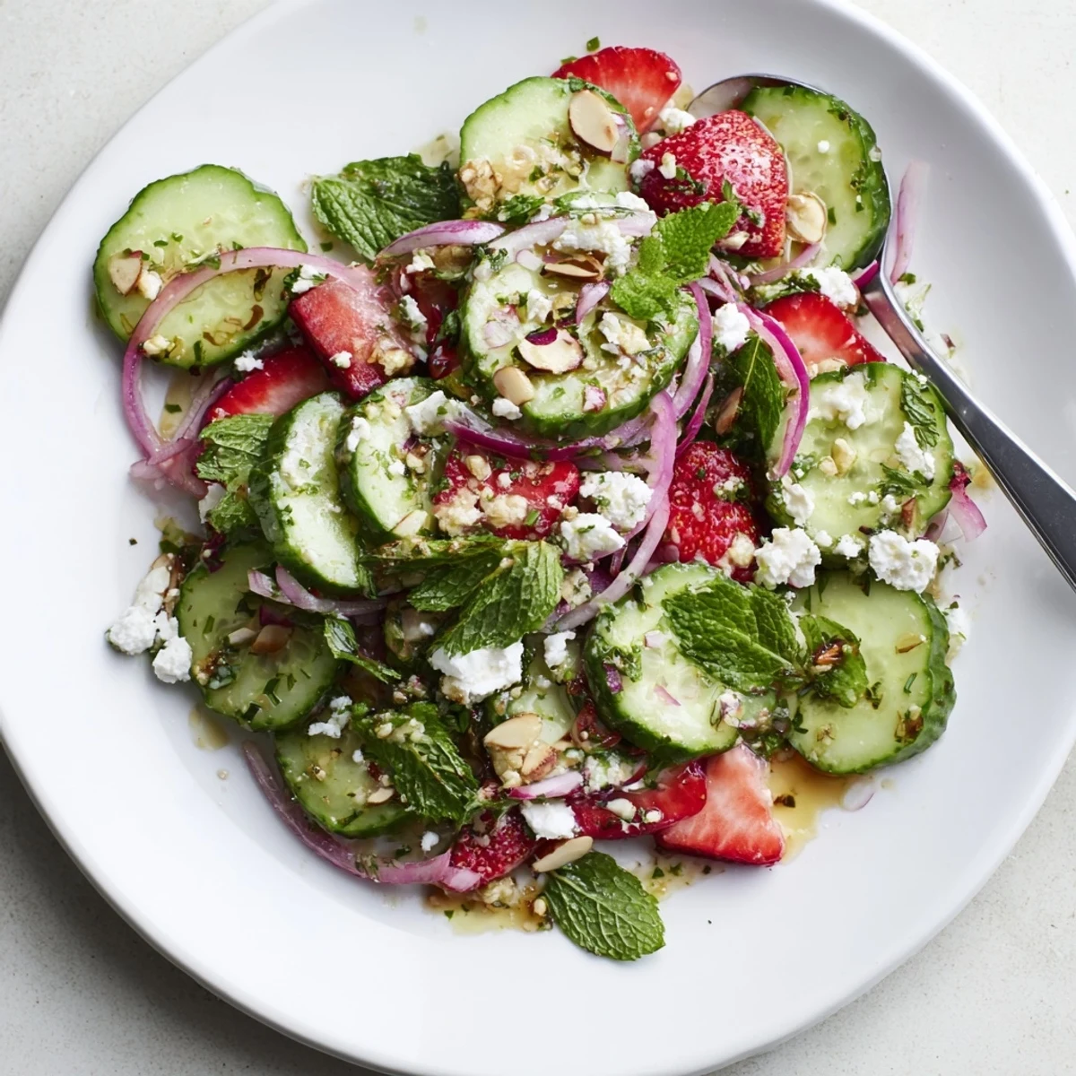 Cucumber Strawberry Salad Recipe with crisp cucumbers, juicy strawberries, mint garnish
