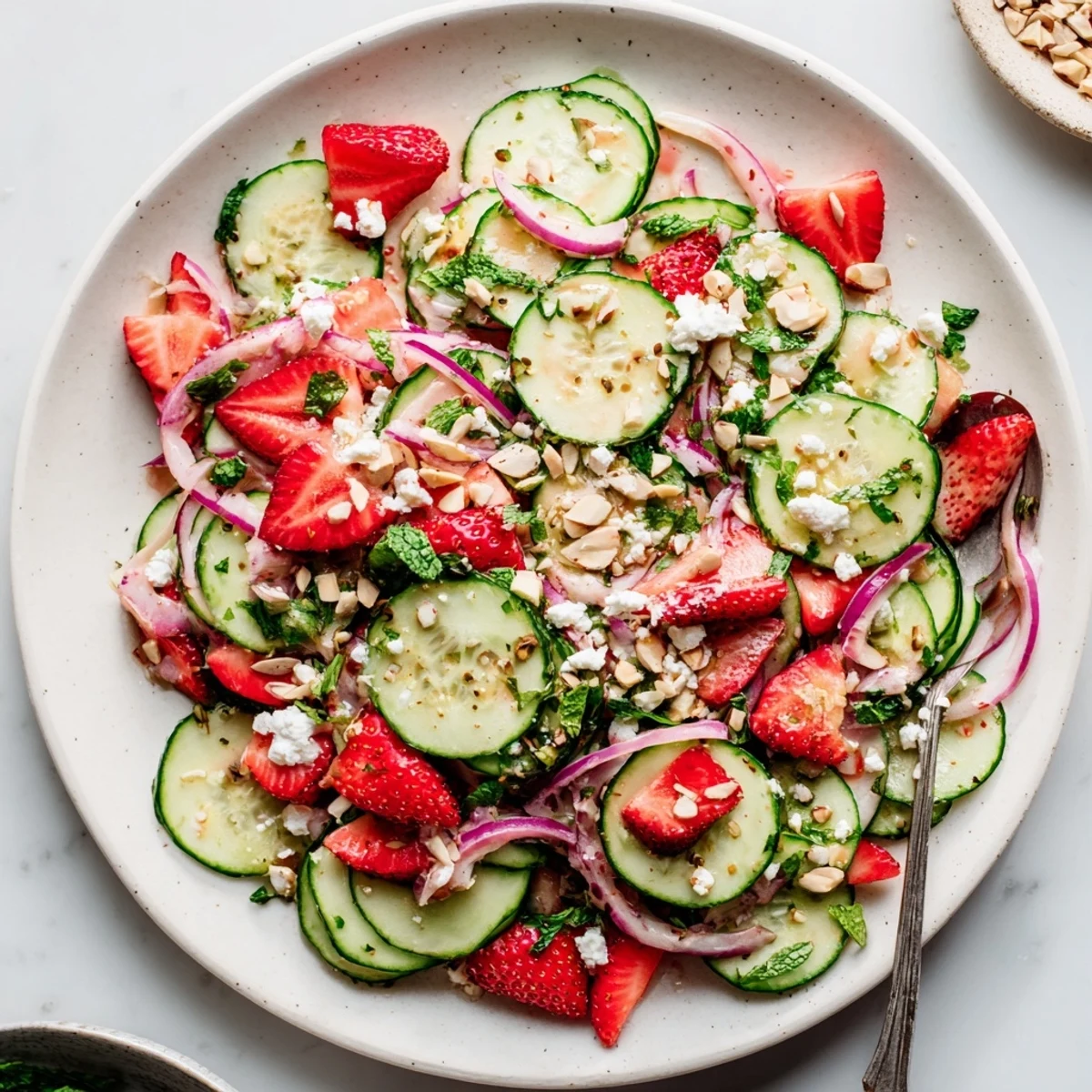 Summer Cucumber Strawberry Salad Recipe tossed in tangy balsamic-honey dressing, served chilled