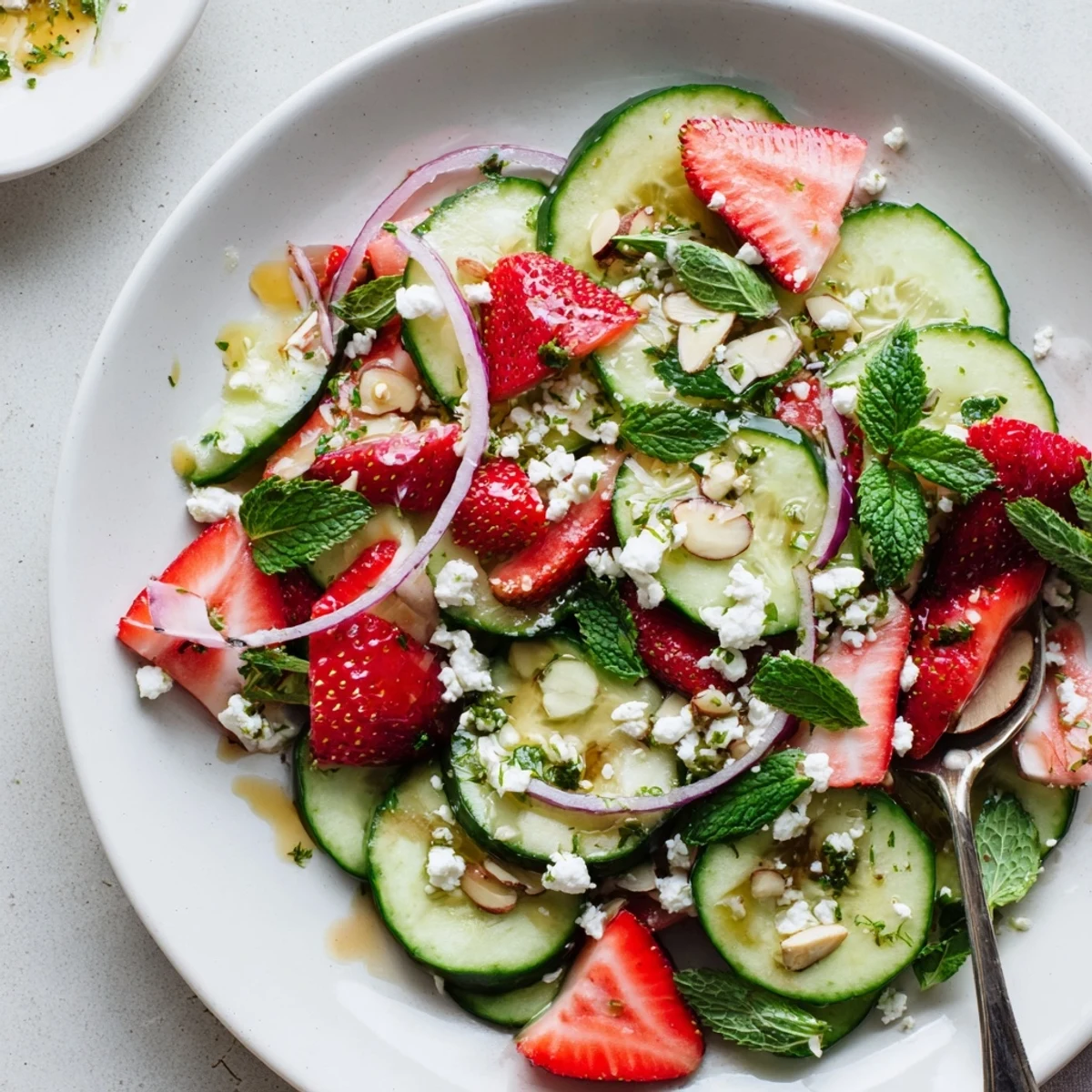 Bright Cucumber Strawberry Salad Recipe plated with crumbled feta and toasted almonds