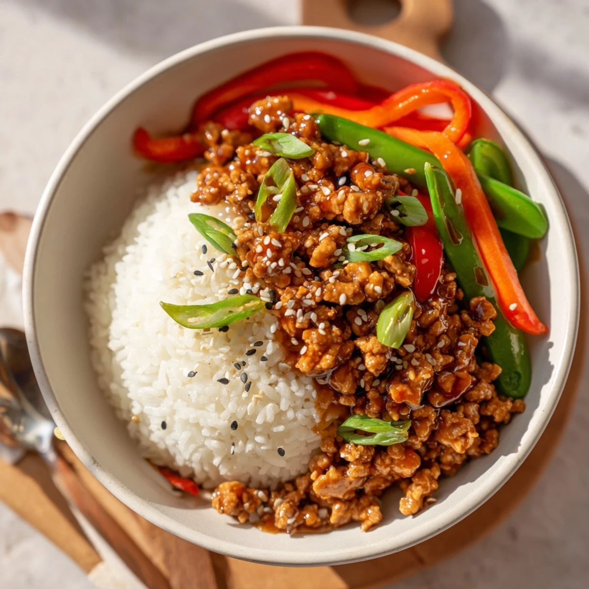 Bright Teriyaki Turkey Rice Bowls topped with sesame seeds and scallions