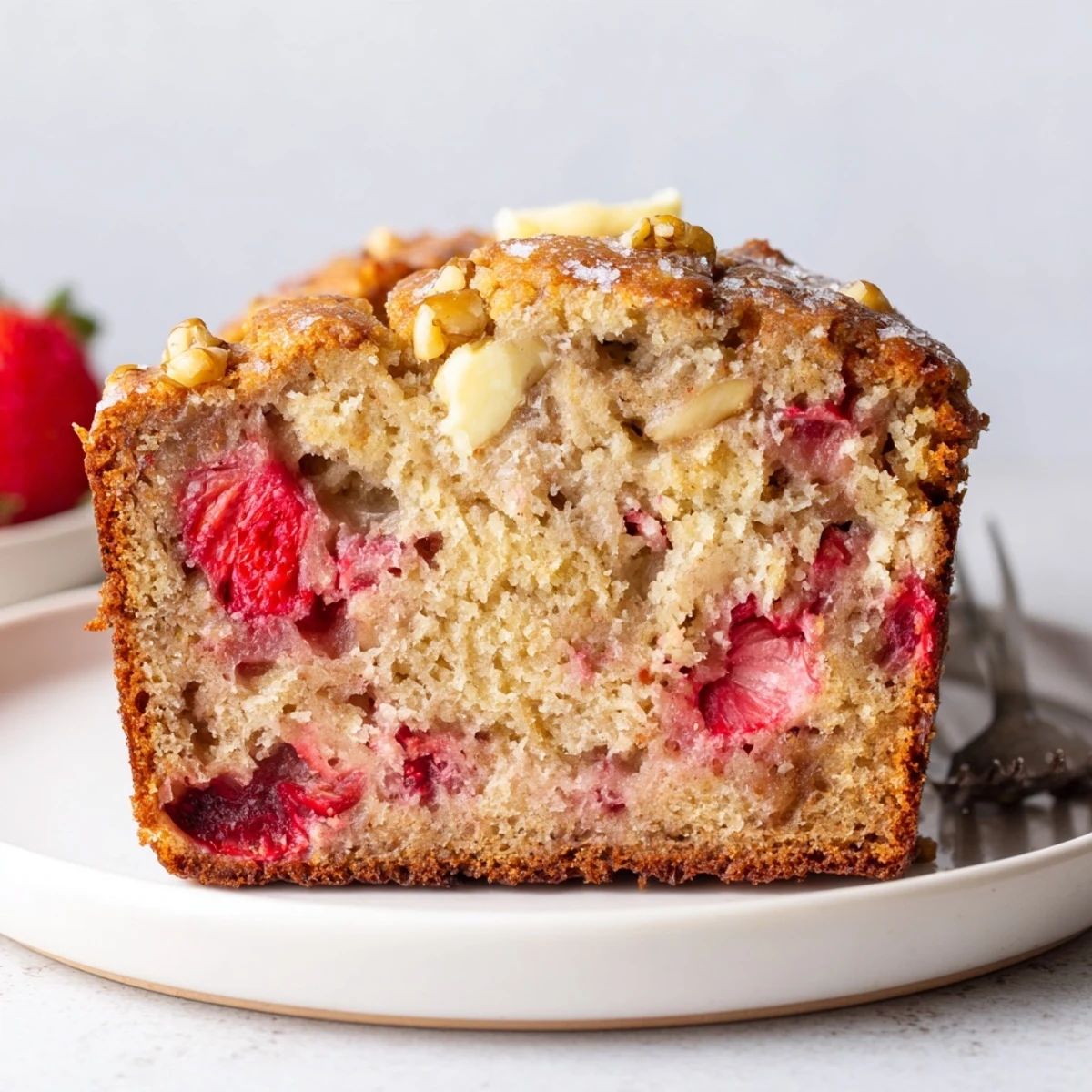 Moist golden loaf, steam rising, Strawberry Banana Bread Recipe fresh from oven