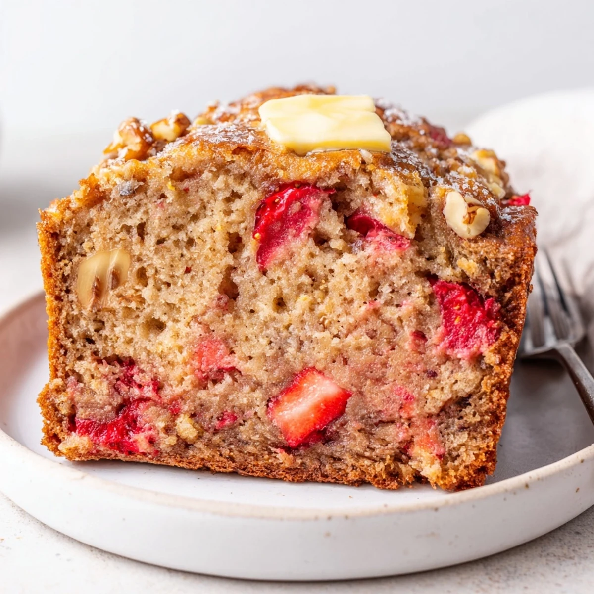 Homestyle slice revealing soft crumb, Strawberry Banana Bread Recipe studded with strawberries