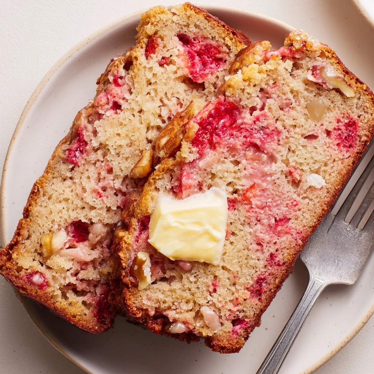 Sliced Strawberry Banana Bread Recipe on rack, warm crumb and melting butter