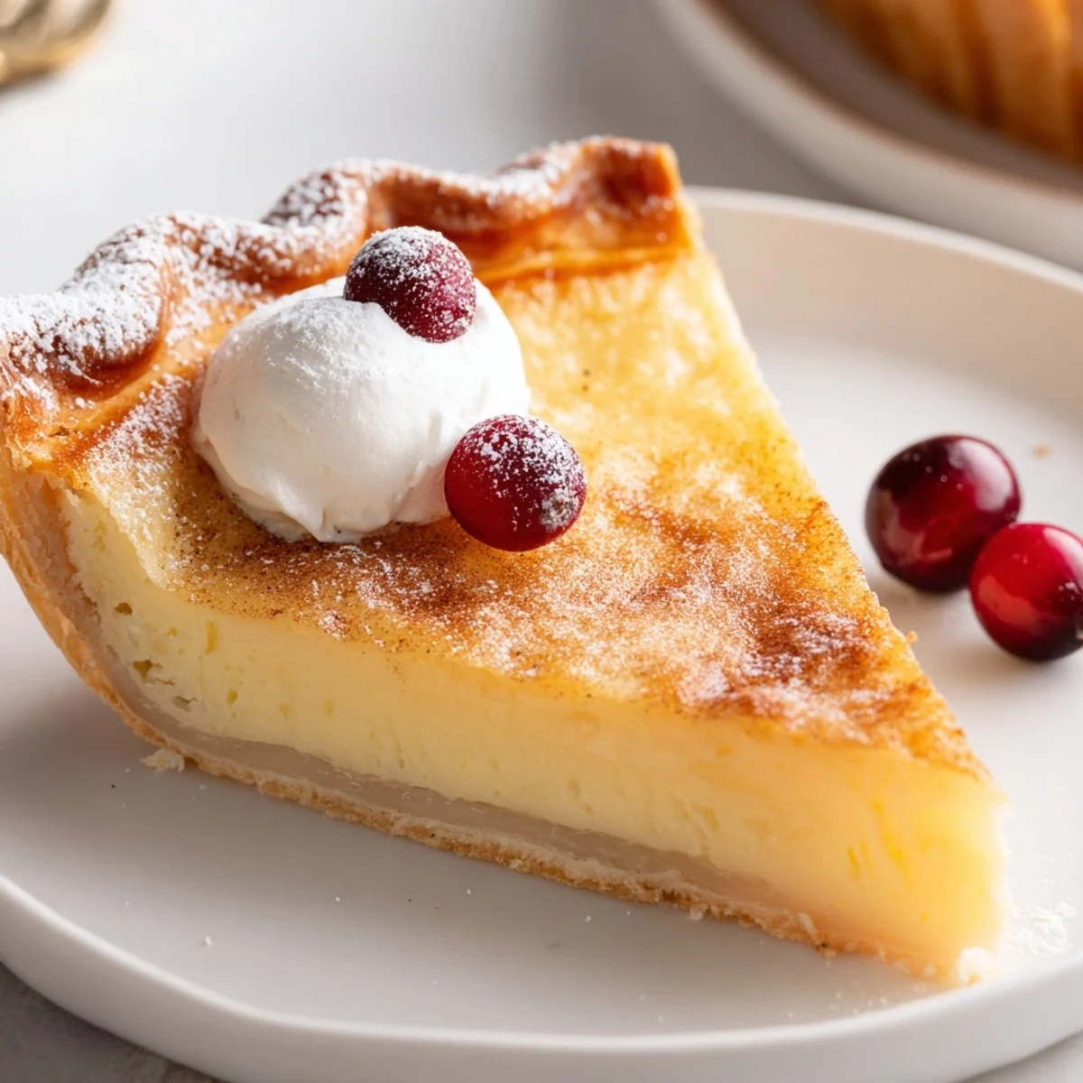 Chilled Christmas Eve Custard Pie With Cinnamon Vanilla topped with whipped cream