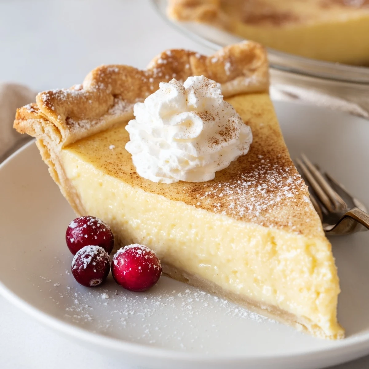 Slice of Christmas Eve Custard Pie With Cinnamon Vanilla, dusted with powdered sugar  