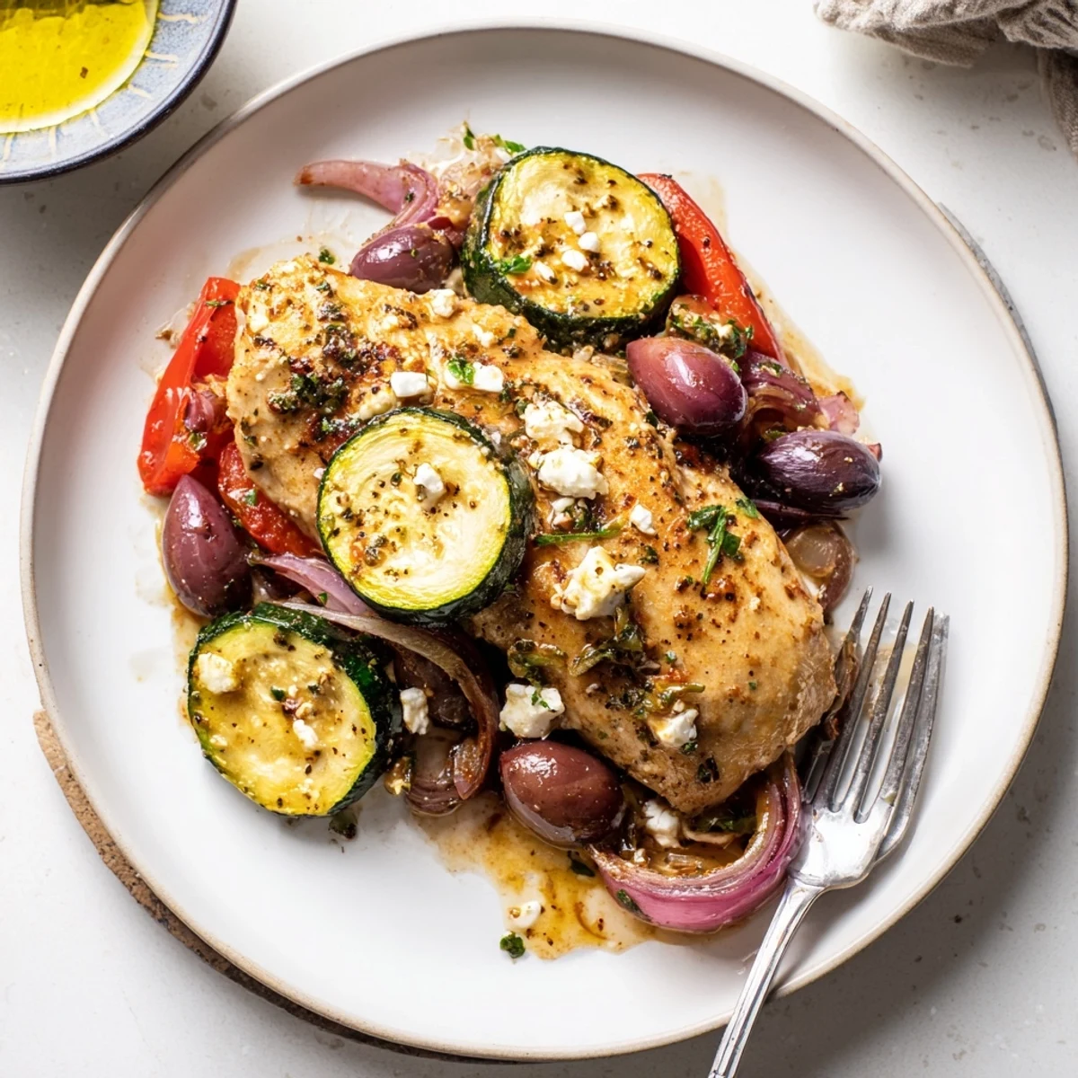 Sheet Pan Mediterranean Chicken Zucchini rests on parchment, steamy pan juices glistening