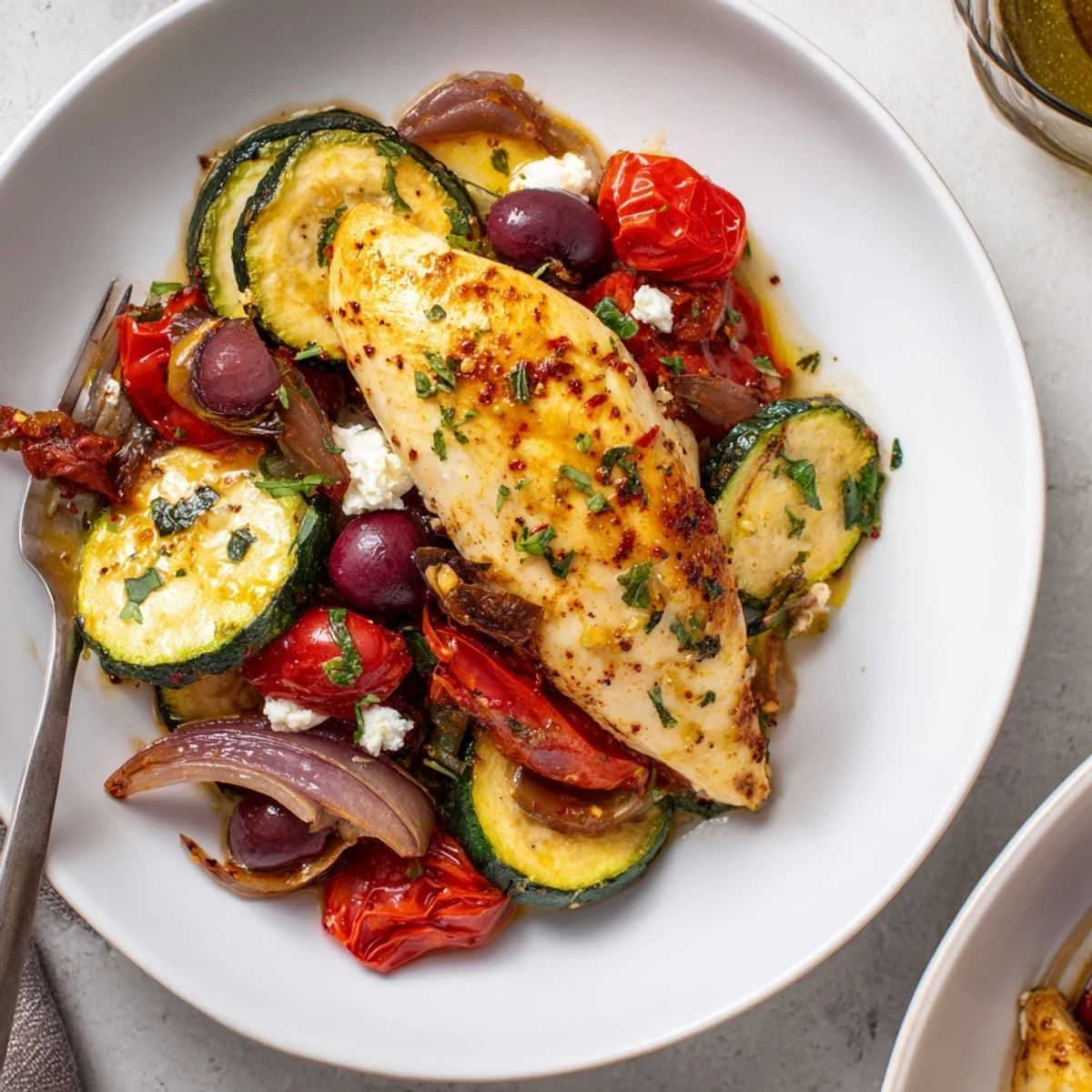 Golden roasted Sheet Pan Mediterranean Chicken Zucchini with blistered tomatoes and olives