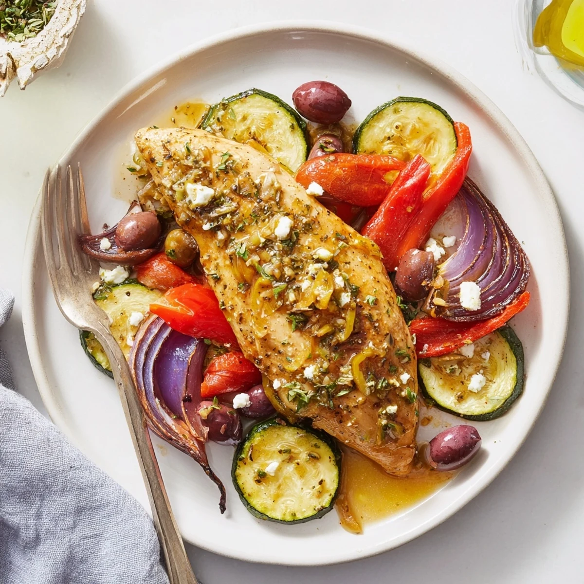 Bright lemon scented Sheet Pan Mediterranean Chicken Zucchini topped with feta and parsley