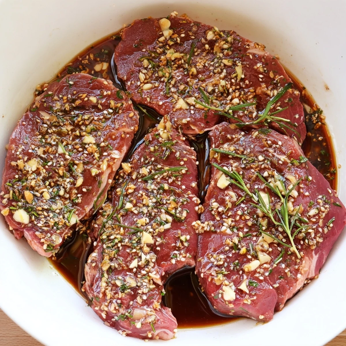 Glistening steak marinated overnight in Steak Marinade, garlic scent ready to grill.