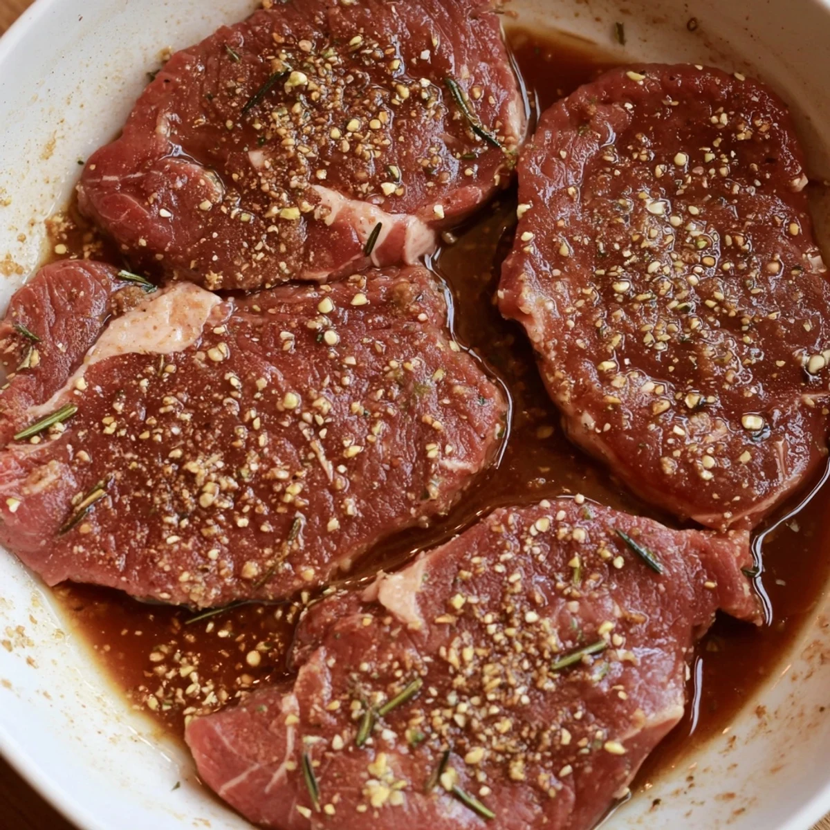 Bowl of Steak Marinade with bright lemon and soy, ready to coat steaks.