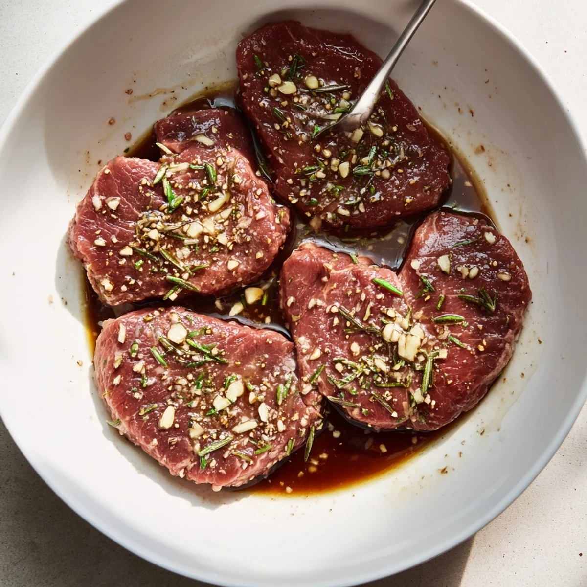 Steak Marinade soaked into flank, tangy-sweet scent promising tender, grill-ready steak.
