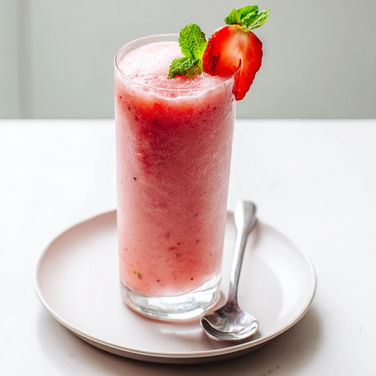 Frothy chilled Strawberry Coconut Cooler Recipe with mint garnish, bright strawberry aroma.