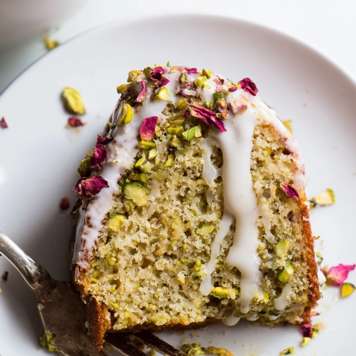 Golden Persian Love Cake almond slice drizzled with rosewater icing and crushed pistachios