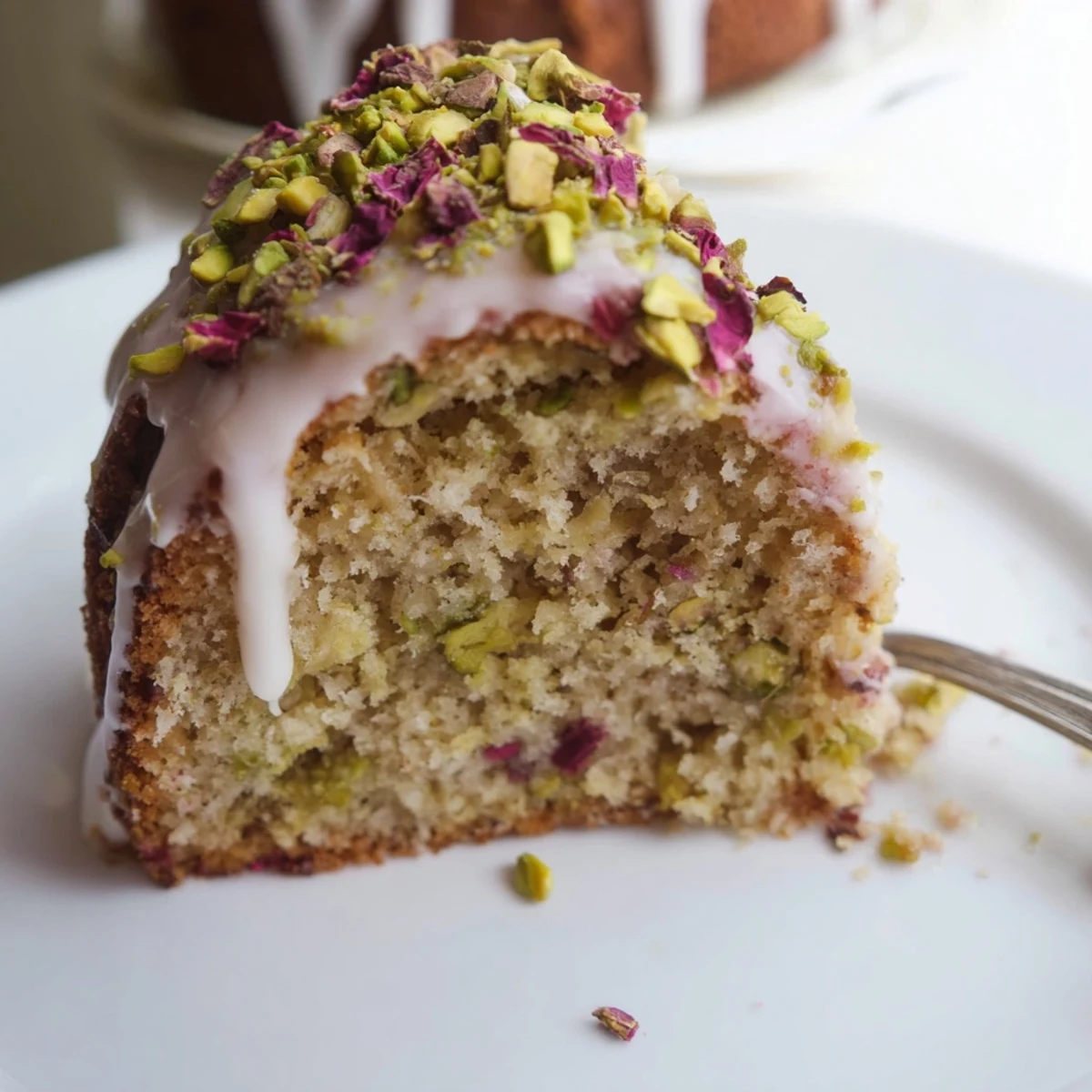 Fragrant Persian Love Cake almond dessert with rose icing and pistachio sprinkles on white plate
