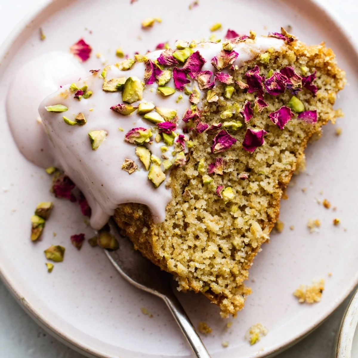 Moist almond Persian Love Cake cardamom layer topped with white glaze and green nuts