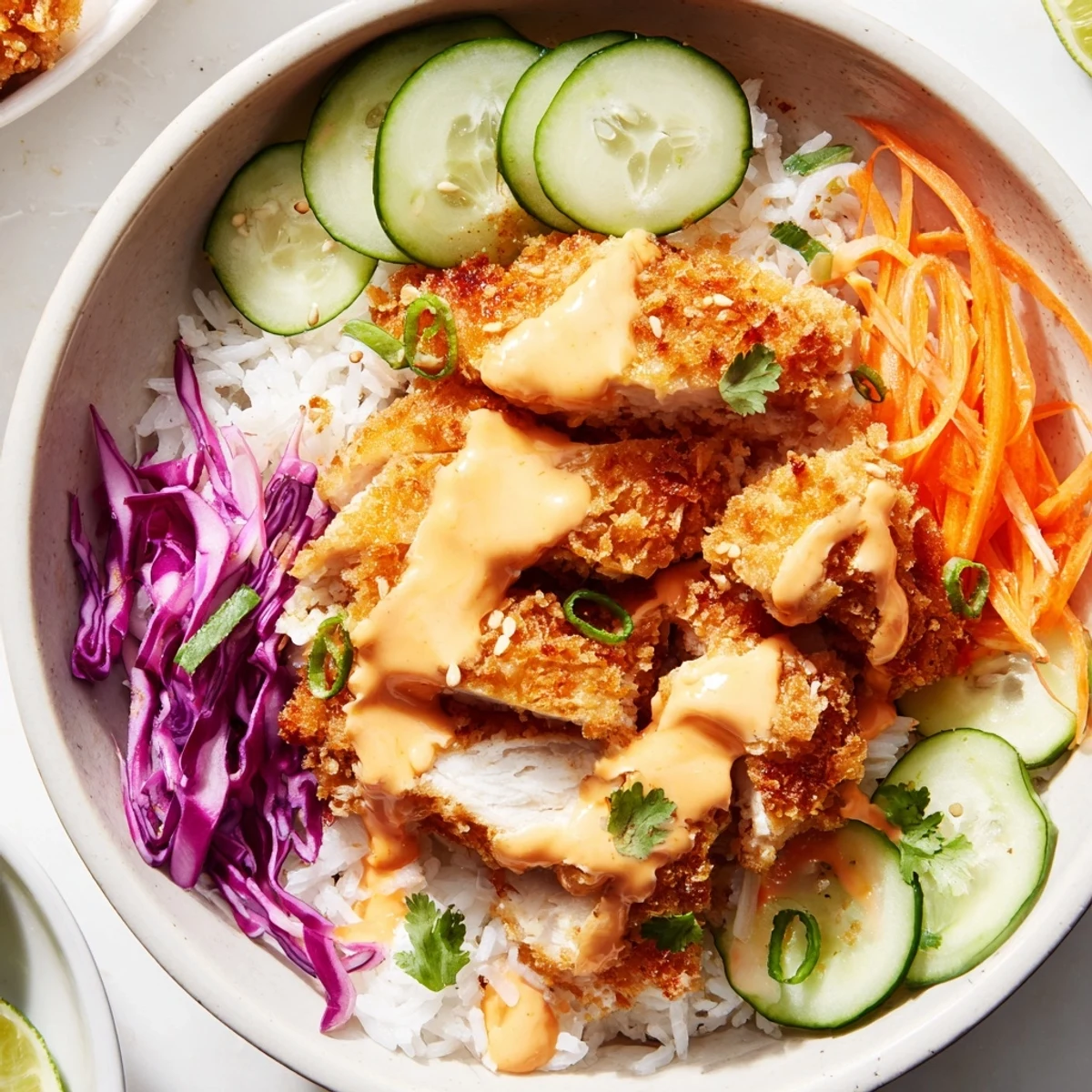 Golden crispy chicken pieces drizzled with spicy bang bang sauce over fluffy jasmine rice in this vibrant Bang Bang Chicken Bowl Recipe