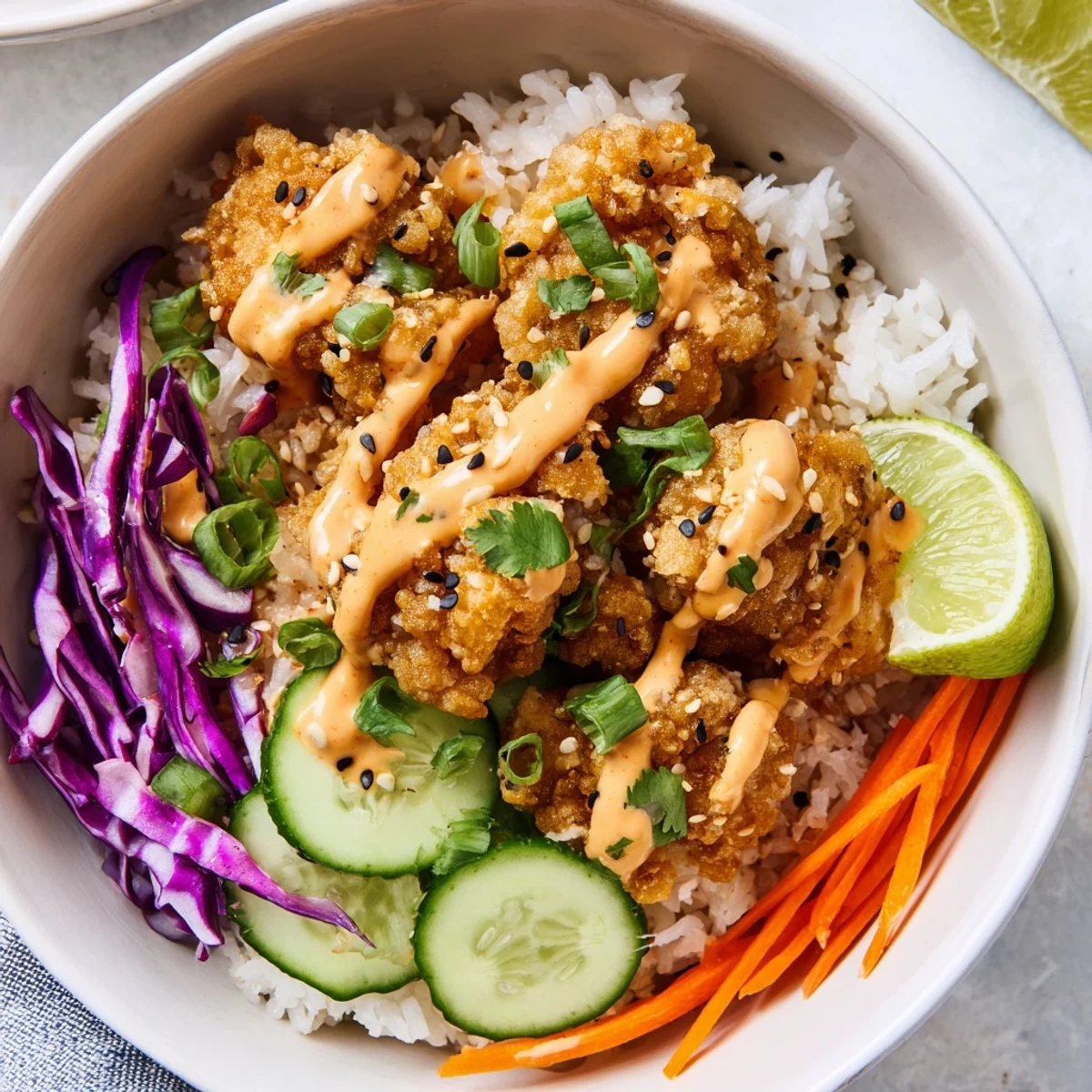 Colorful bowl featuring crunchy cucumbers, purple cabbage, and carrots topped with saucy fried chicken in this easy Bang Bang Chicken Bowl Recipe