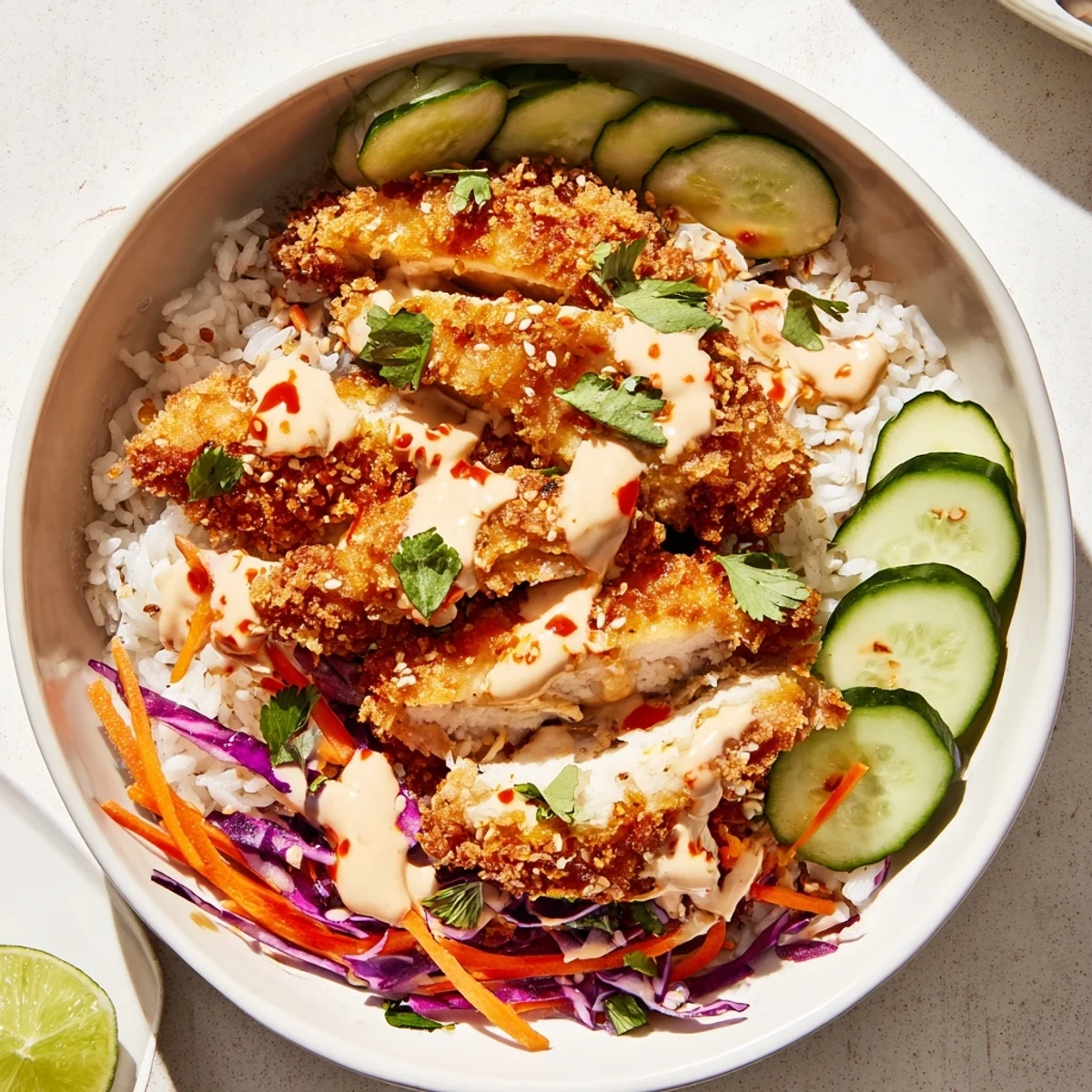 Creamy sriracha mayonnaise coating crispy chicken breast served alongside fresh vegetables and rice in this satisfying Bang Bang Chicken Bowl Recipe