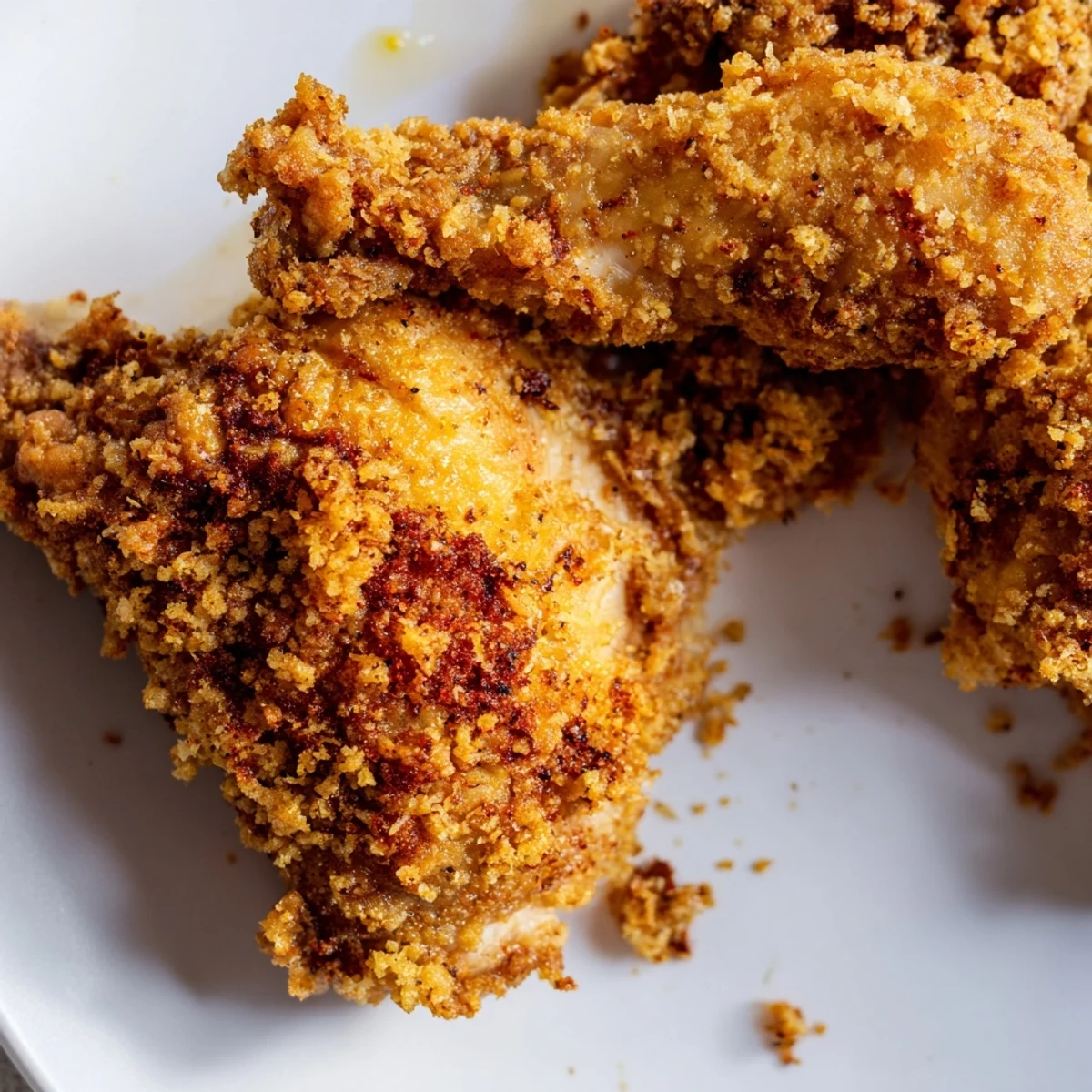 Juicy fried chicken thighs coated in crunchy panko crust after dill pickle brine marinade